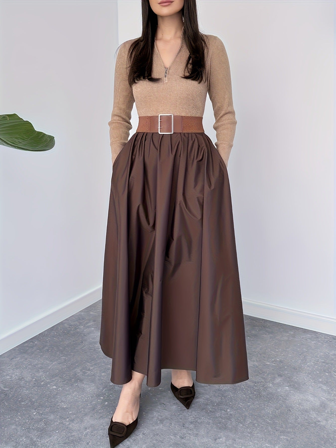 Womens Solid-Color V-Neck French-Style Elegant Long-Sleeve Dress