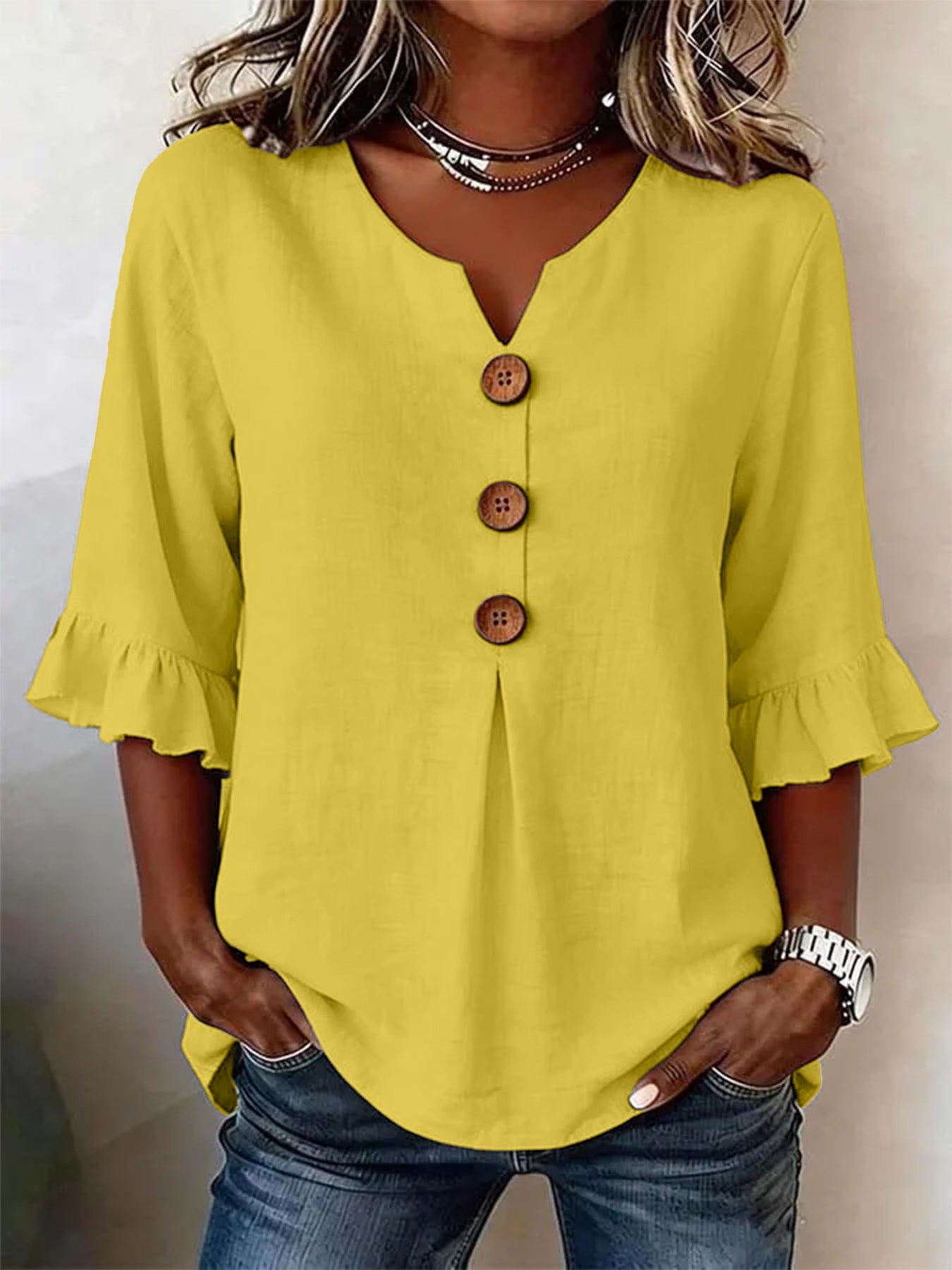 Women's V-neck Cotton-linen Button-up Top