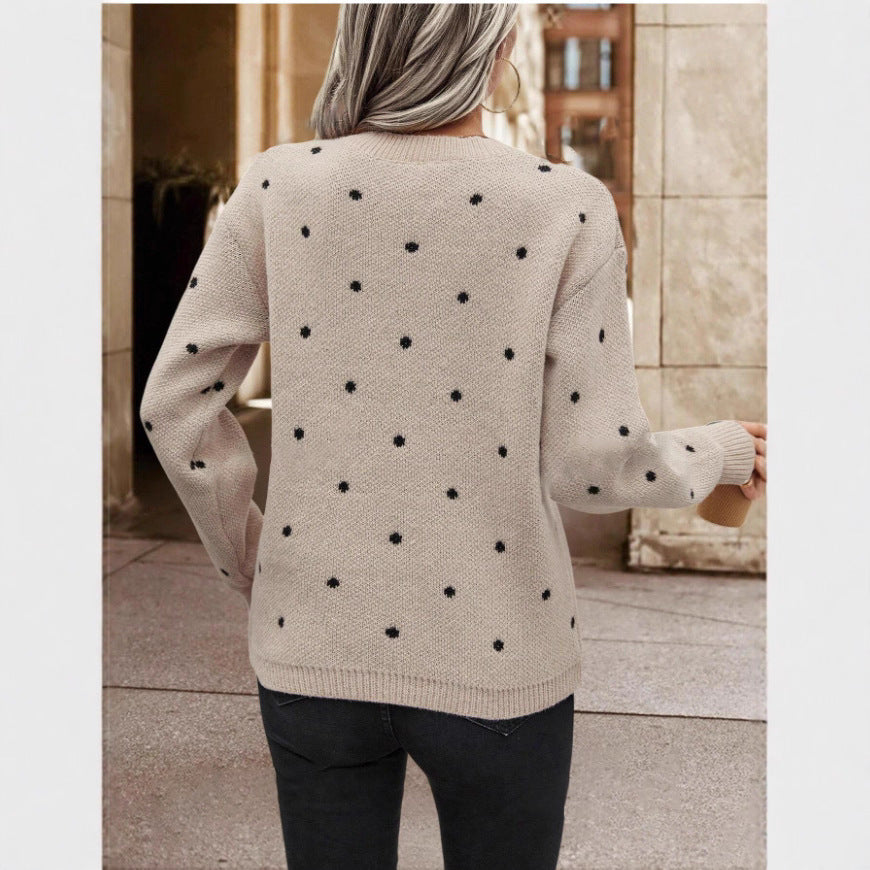 Fashion Round Neck Long Sleeve Pullover Sweater Polka Dot Print Knitwear