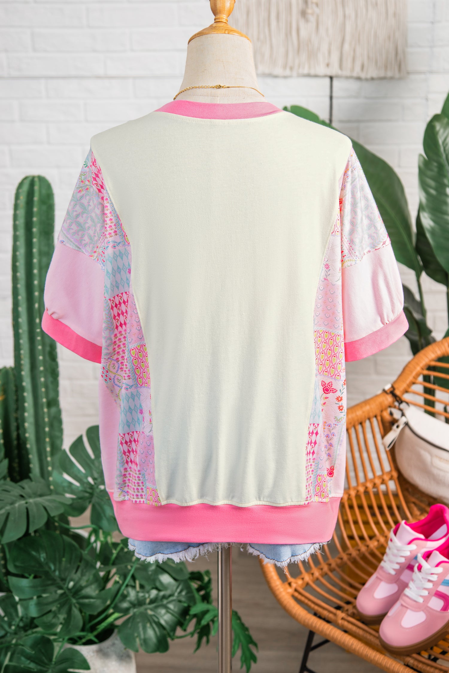 Beige Color Block Floral Patchwork Big Flower Accent Relaxed Top