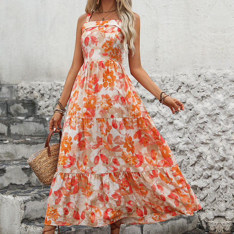 Backless Strap Dress V Neck Slip Dress With Floral Print