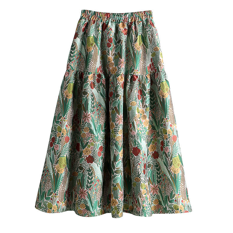 Vintage jacquard pleated puffy skirt with high waist and large hem
