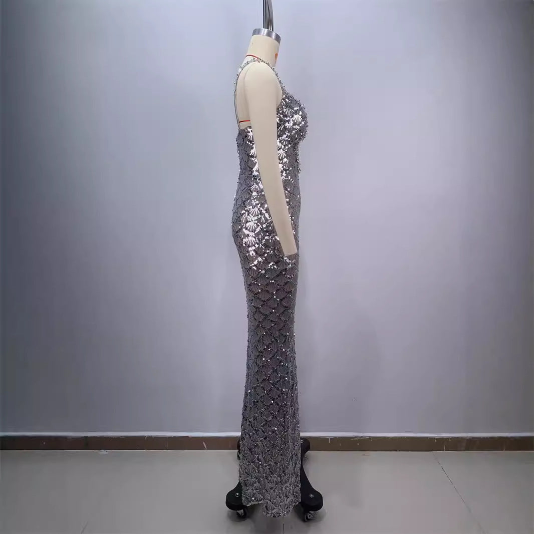 Fashion Backless V Sequined Suspender Ruffled Long Sheath Dress