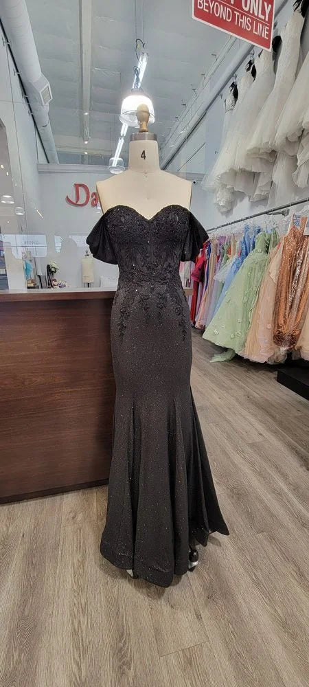 Glitter Gown with Off-Shoulder Sleeves, Lace-Up Corset Back, and Fishtail Train Prom Dress