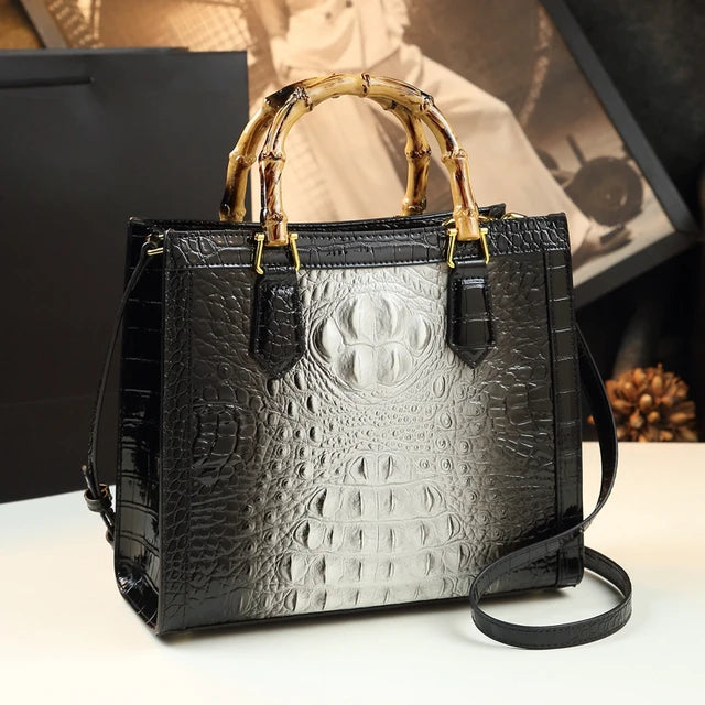 Brand Genuine Leather Bamboo Women's Bag Crocodile Pattern Ladies Handbag Portable Tote Bag Mom Tide Shoulder Messenger Bags