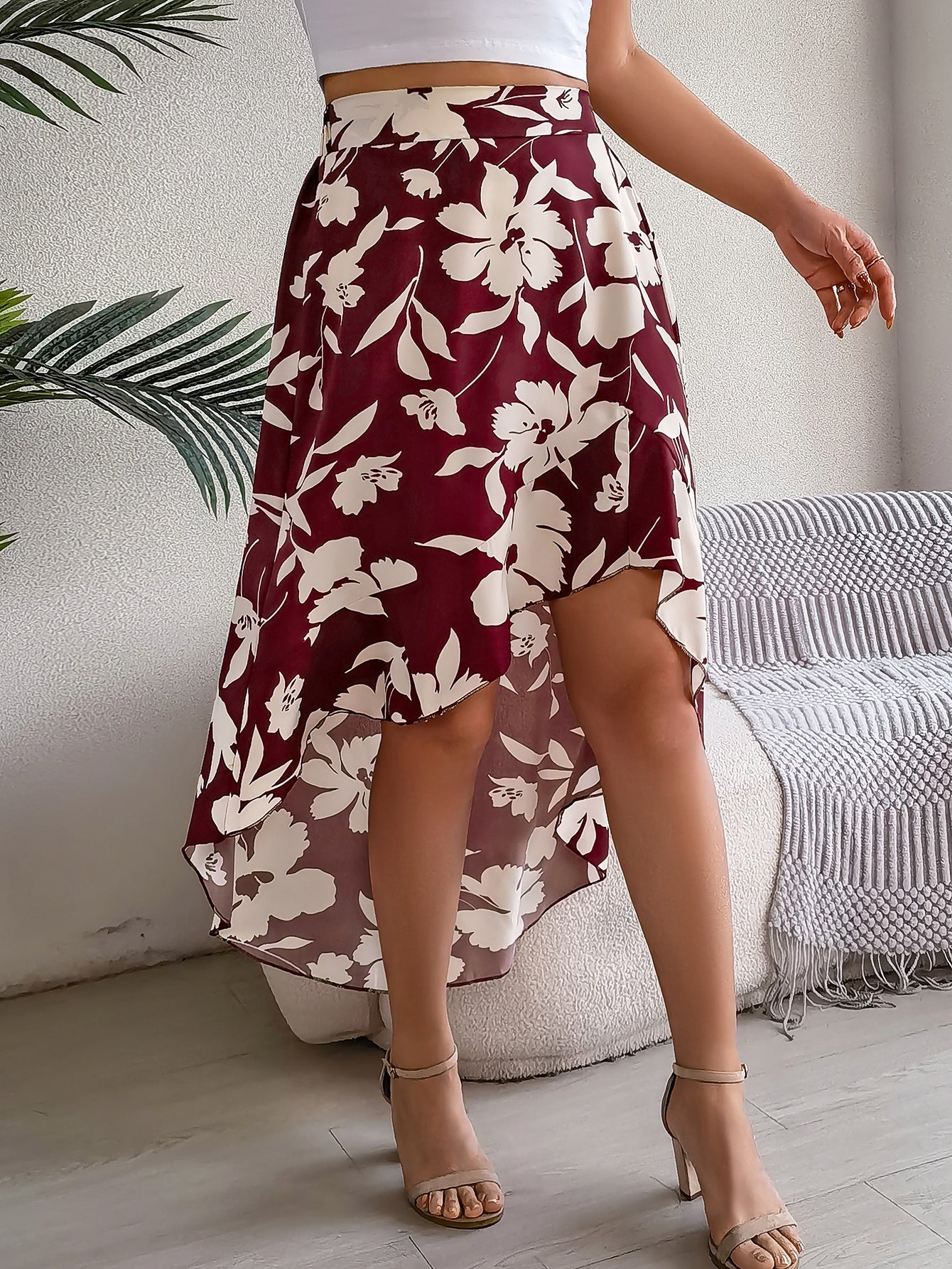 Women's Elegant Floral Print Ruffle Hem Midi Asymmetric Skirt