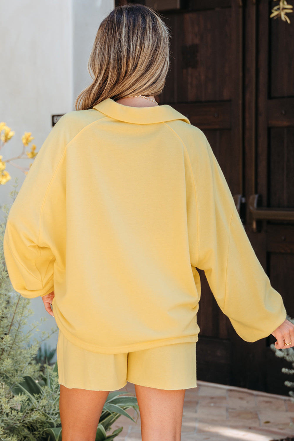 Yellow Cream Button Collar Drop Shoulder Pullover and Shorts 2pcs Outfit