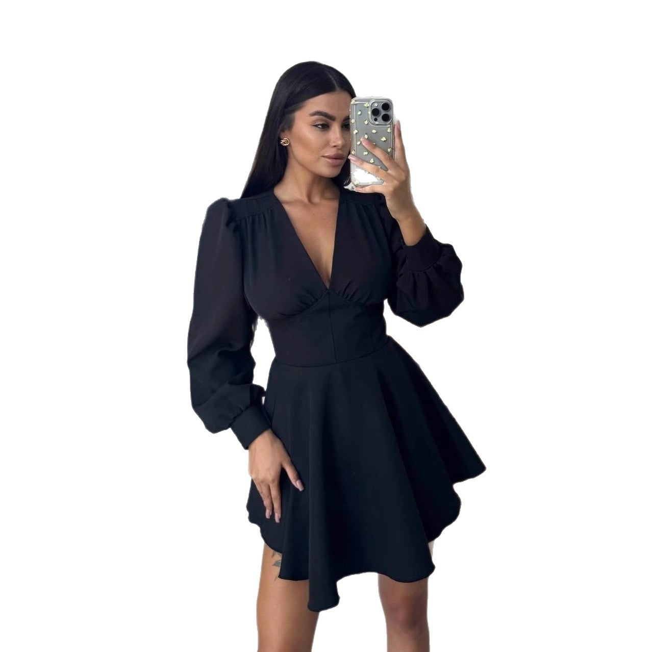 V-neck Puff-sleeve High-waisted A-line Elegant Dress