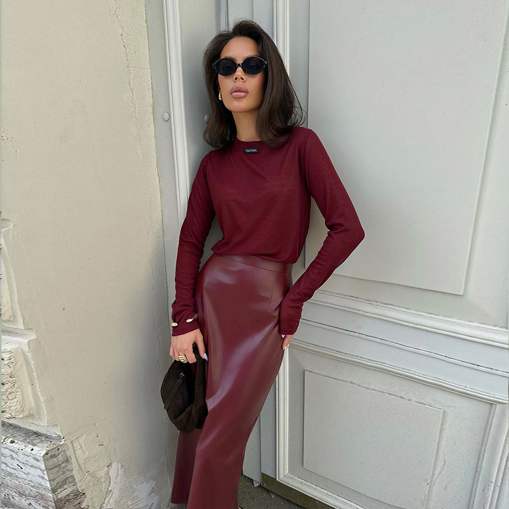 Ankela Red Slit Sheath Skirt Fashion Slim