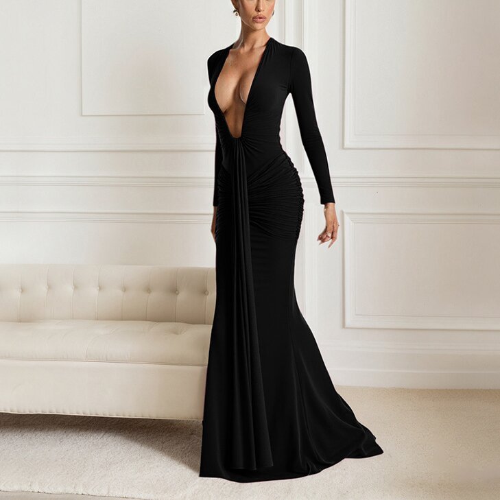 Solid-color Elegant Deep-V Waist-cinched Sexy Long-sleeve Dress With Fluttering Ribbons For Women