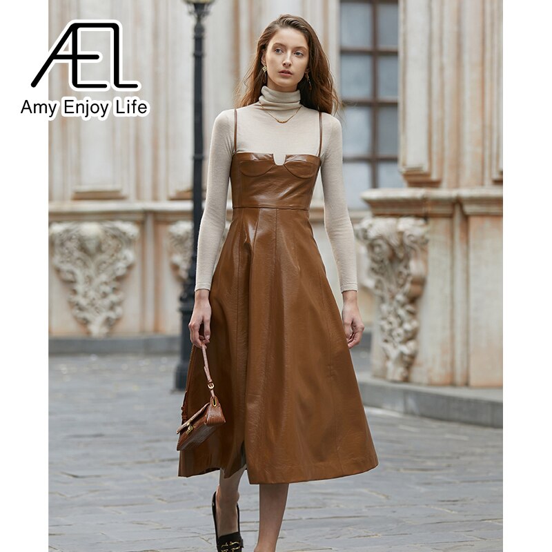 Premium Sense Of Modern Retro Chic High Waist Temperament Slim Halter Leather Lining Dress