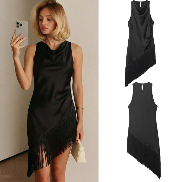 Sleeveless Tassel Dress Womens High-waisted