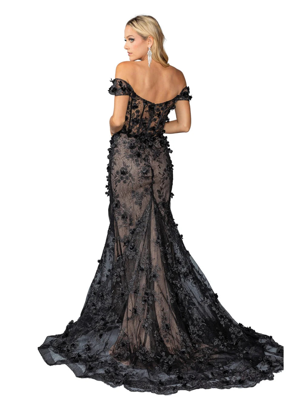 Off-Shoulder Floral Applique Gown with Ruffled Trim and Front Slit Prom Dress
