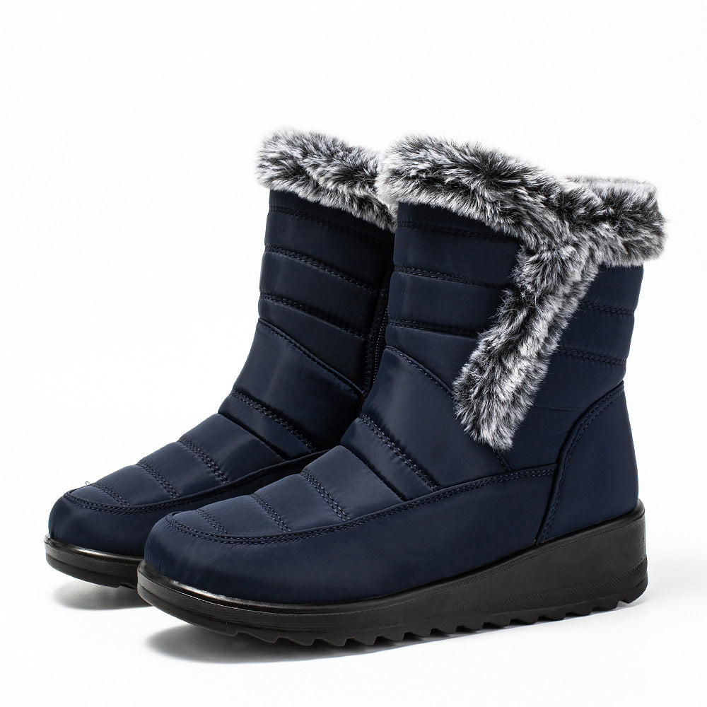 High Top Womens Snow Boots With A Faux Rabbit Fur Collar Side Chain Detailing And Waterproof Design For Maximum Warmth