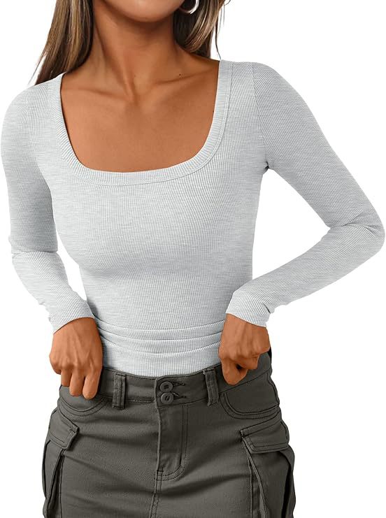 Womens Long Sleeve Square Neck Top With Ribbed Knit For A Slim Casual Fit