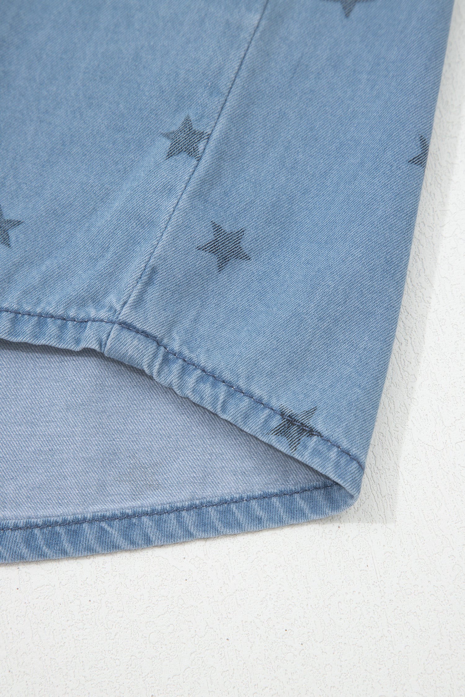 Beau Blue Star Allover Print Double Chest Pocket Short Sleeve Denim Shirt