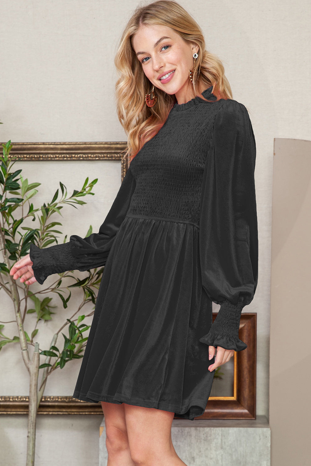 Green Smocked Lantern Sleeve Frilled Velvet Dress