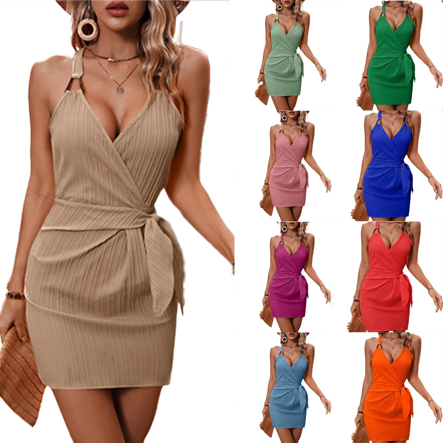 European And American V-neck Slip Dress With A Tie Waist