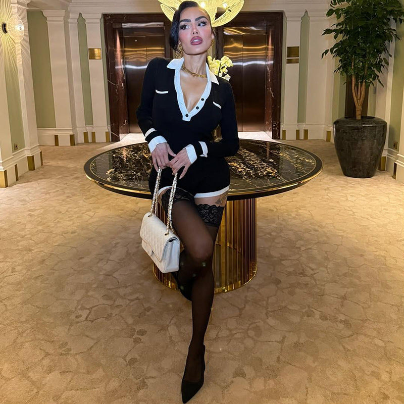 Women's Contrast-Color Lapel Neck Buttoned Bodycon High Waist Long Sleeve Jumpsuit