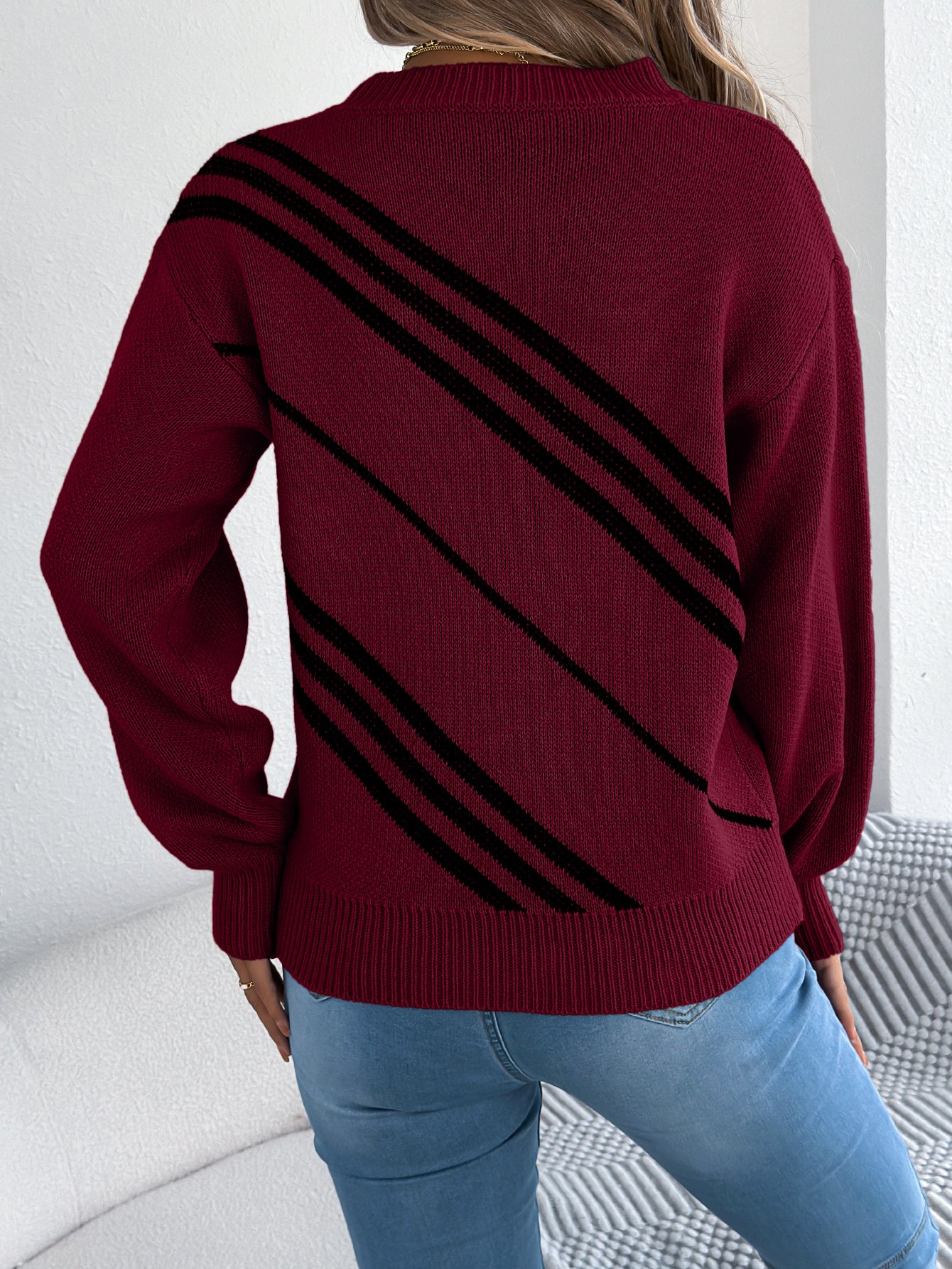 Women Casual Striped Round Neck Lantern Sleeve Long Sleeve Pullover Sweater