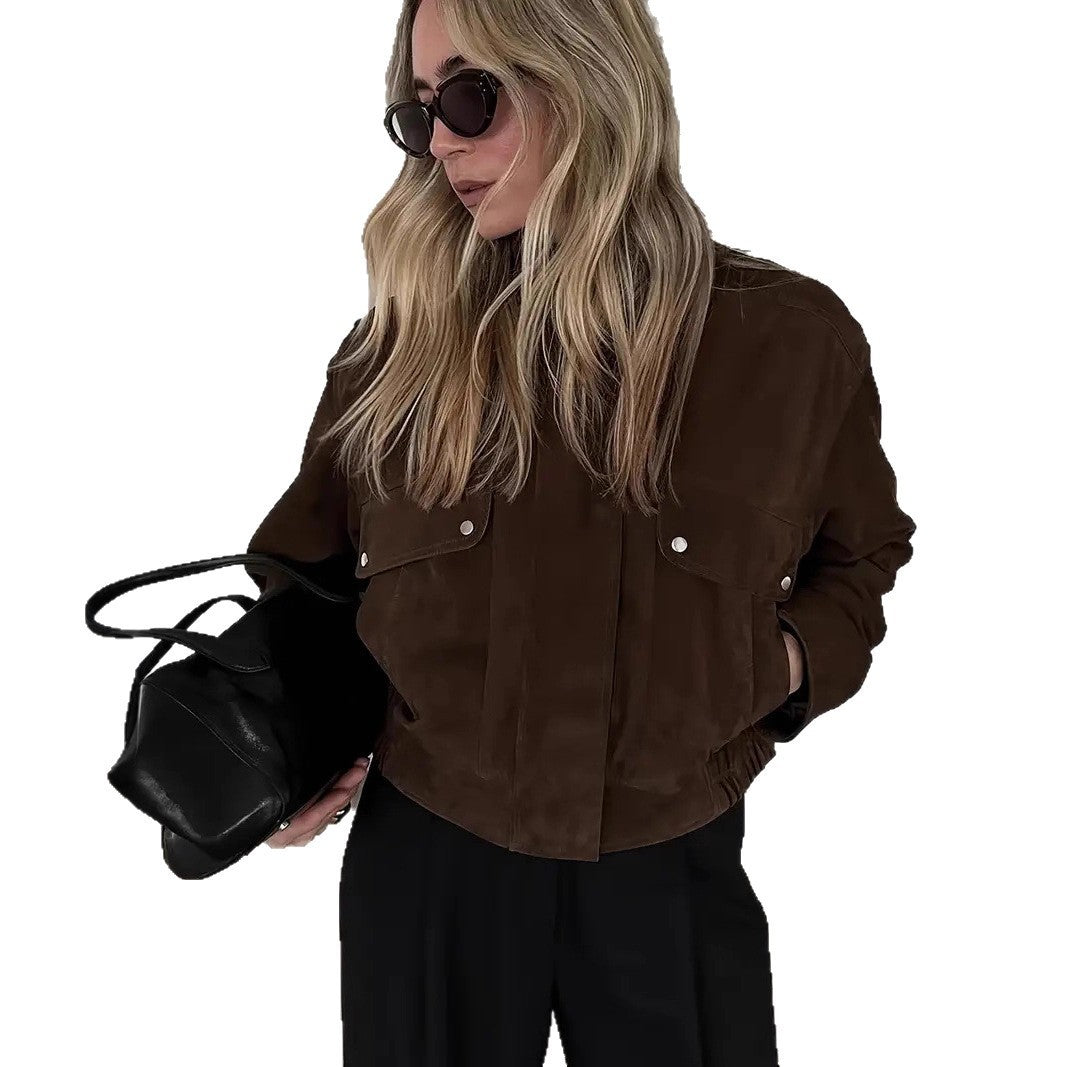 Jacket Brown Coat Front Zipper Short Trench Coat Coat