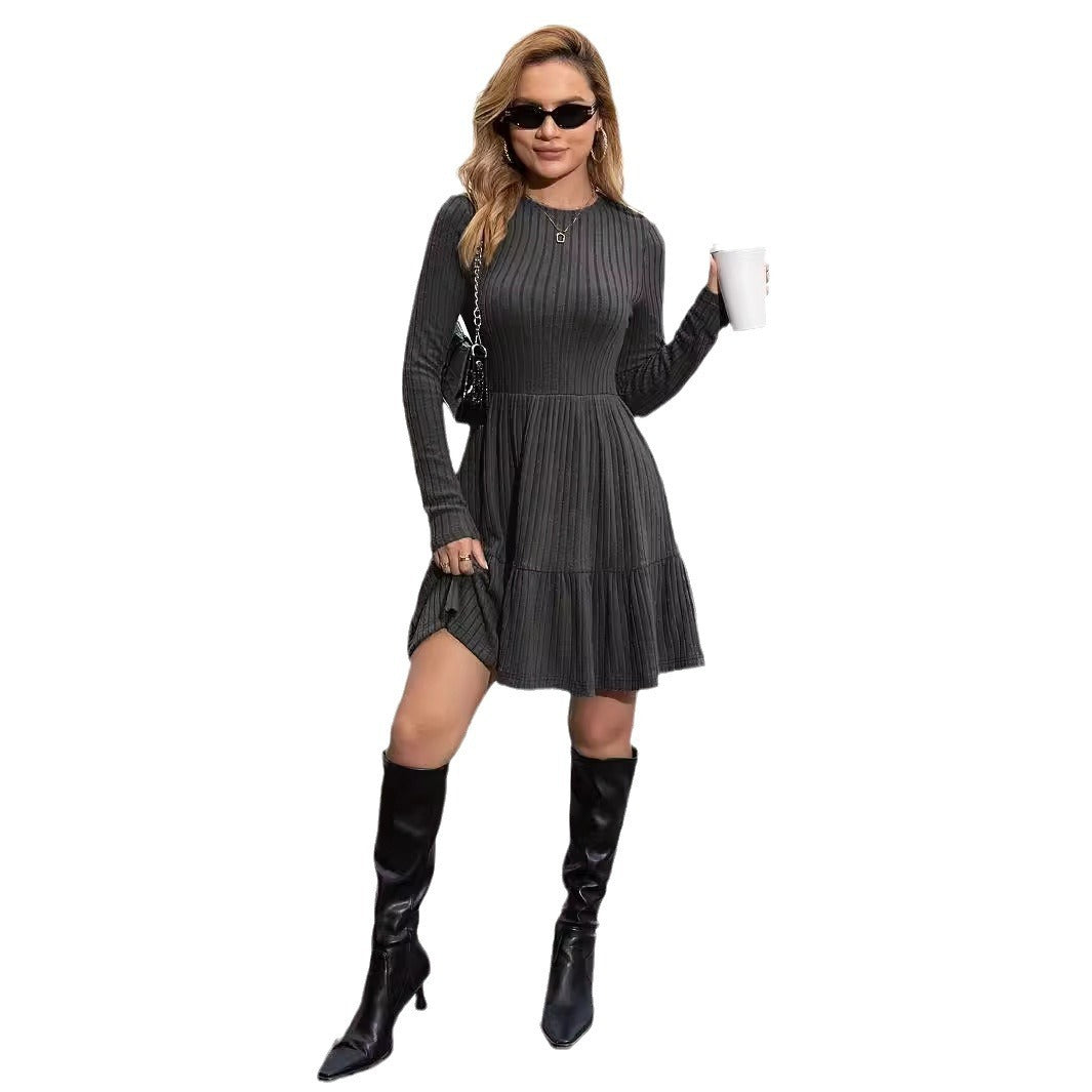 European And American Striped Round Neck Knitted Dress Sweater Women