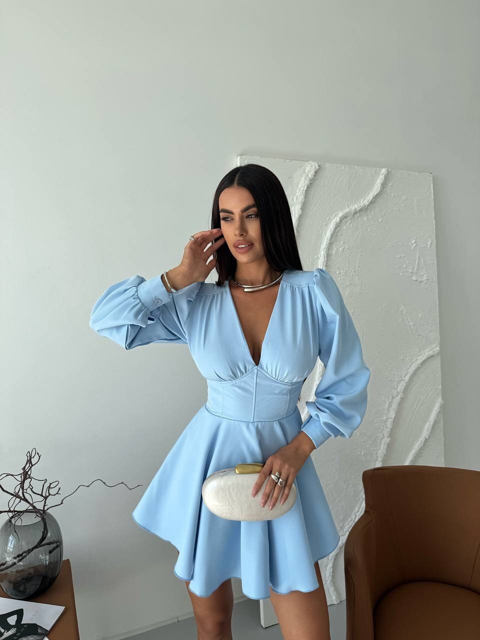 V-neck Puff-sleeve High-waisted A-line Elegant Dress
