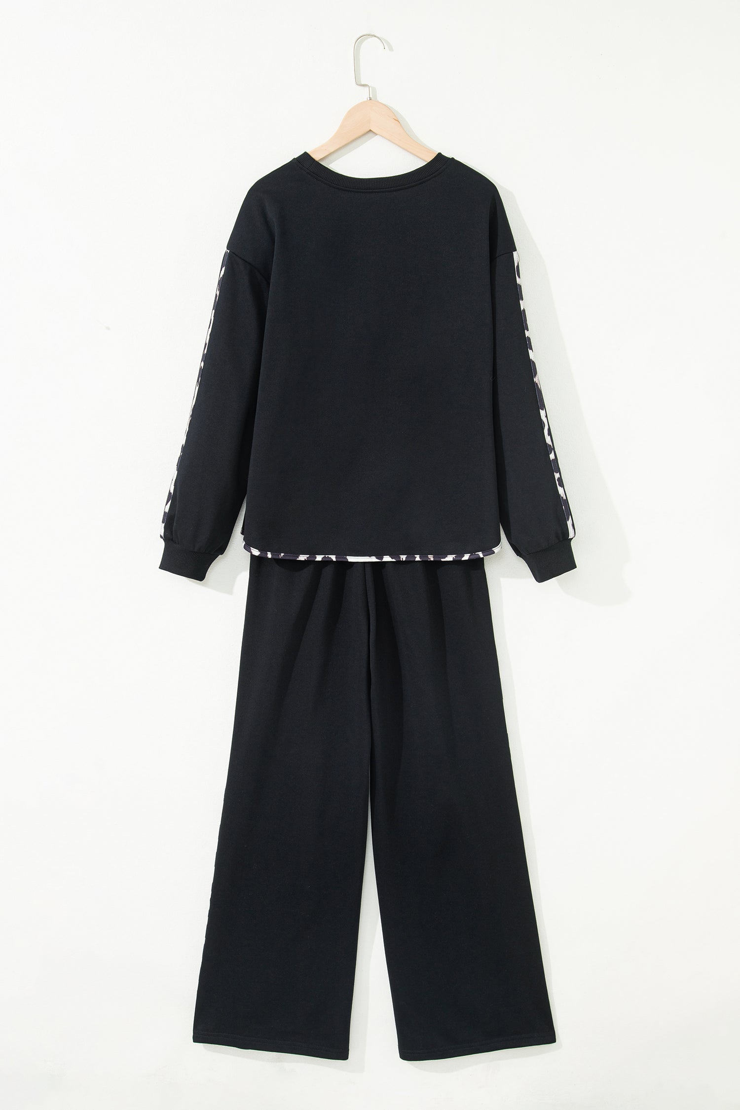 Black Contrast Leopard Trim Casual Sweatshirt Pant Set