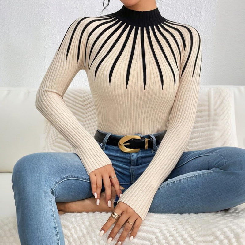 Women's Slim Fit Mock Neck Sweater, Ribbed Striped Long Sleeve Knit For Fall Winter 2025