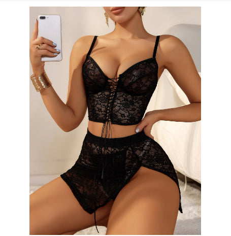 Lace-Panel Strappy Skirt Suspender Lingerie 3-Piece Set