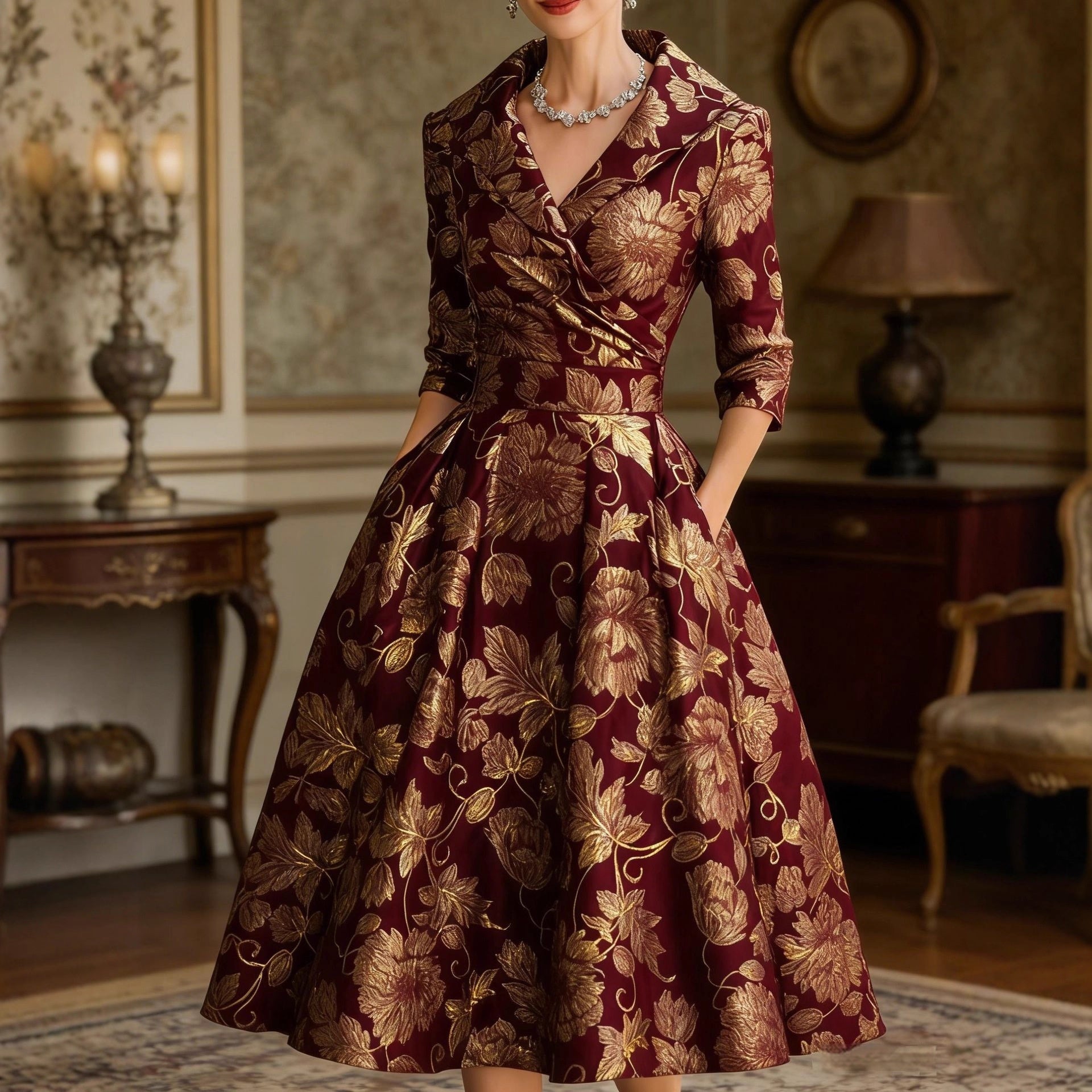 Elegant Womens V-Neck Long-Sleeve Dress With A Floral Creative Retro 3D Digital Print