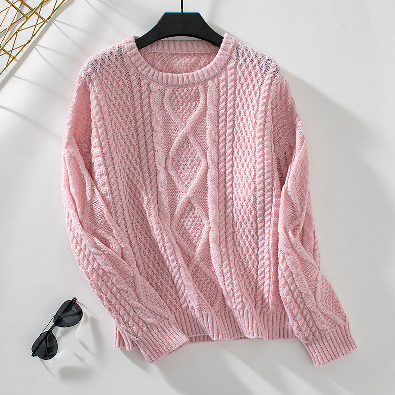 Round-neck Pullover Retro Cable Knit Sweater