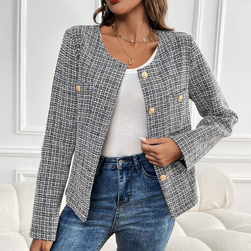 Loose Metal Button Single-breasted Plaid Coat For Women