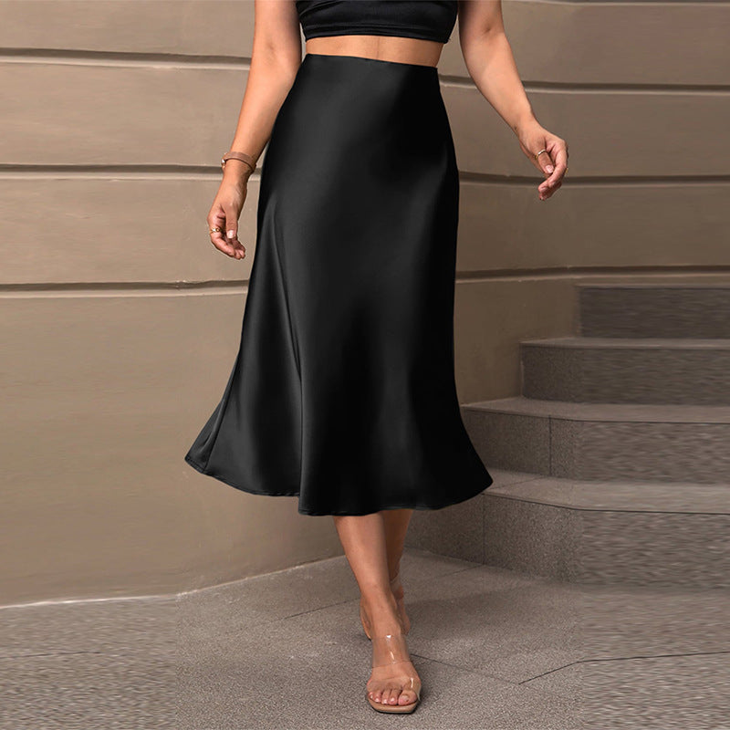 Satin Elegance Style Polyester Midi A- Line Skirt