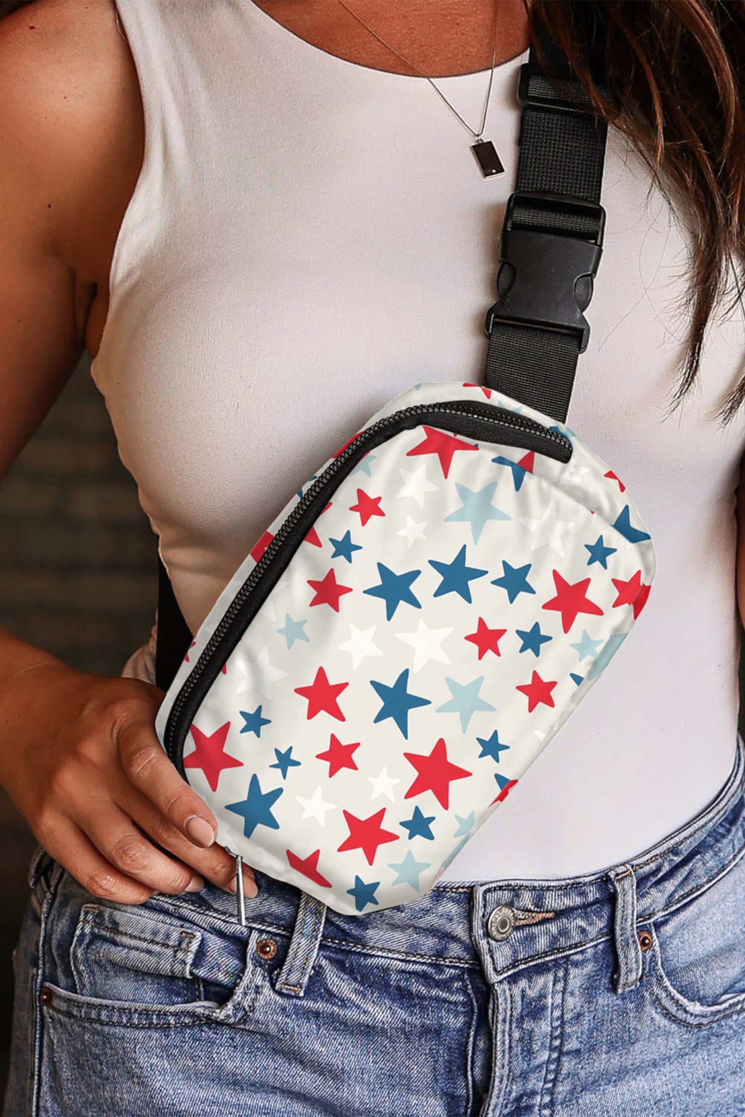 White Star Printed Buckle Strap Flag Day Crossbody Bag