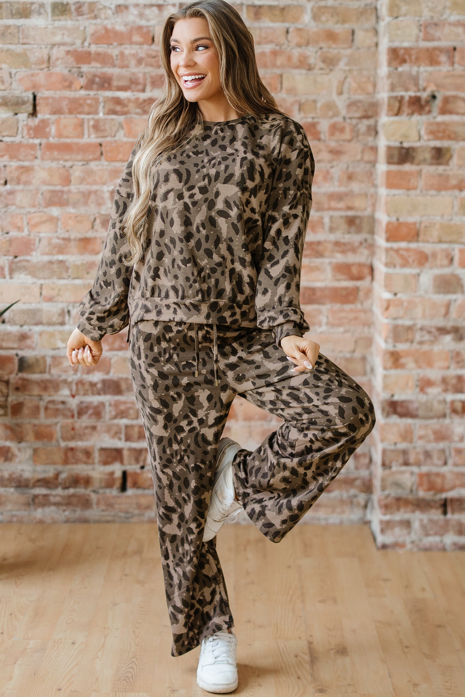 Brown Leopard Print Raw Seam Patchwork Pullover Drawstring Loose Pant Set