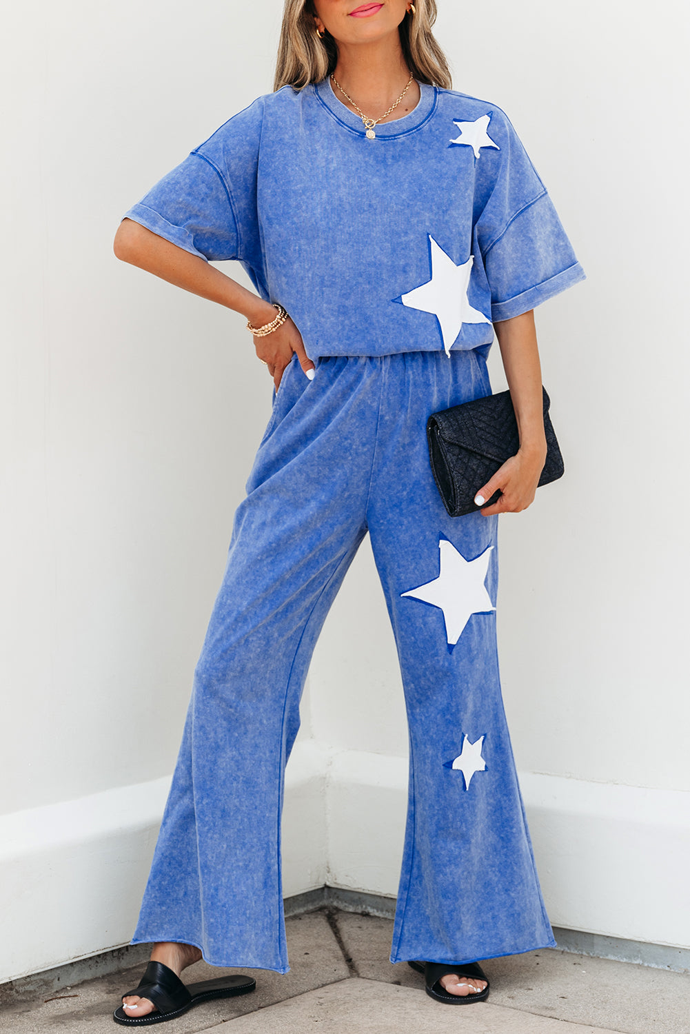 Ashleigh Blue Acid Wash Star Patched Rolled Trim Pants Set