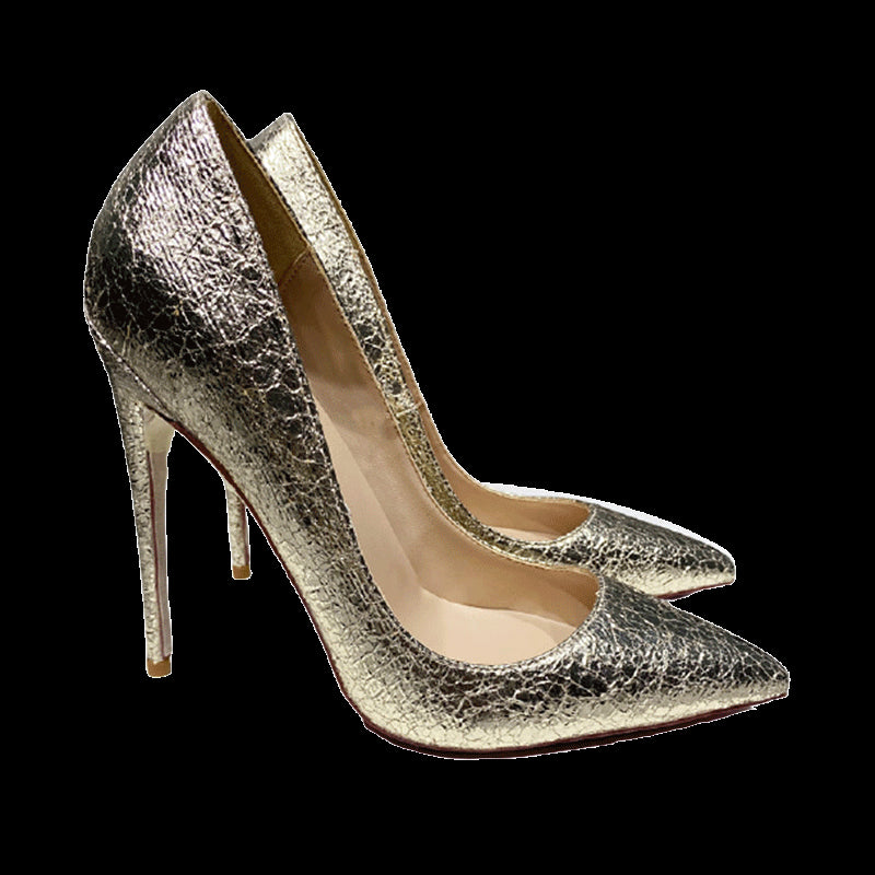 Gold Matte Crocodile Effect Women Pointy Toe High Heel Wedding Party Shoes 8-12cm Gorgeous Stiletto Pumps