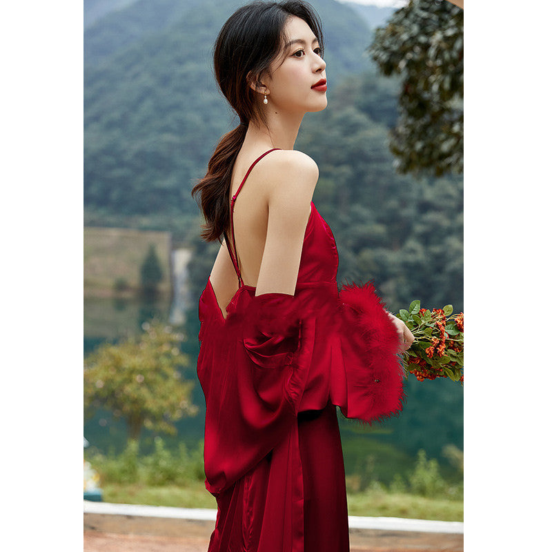 Bride's Ice Silk Cuff Feather Decoration Wedding Morning Robe