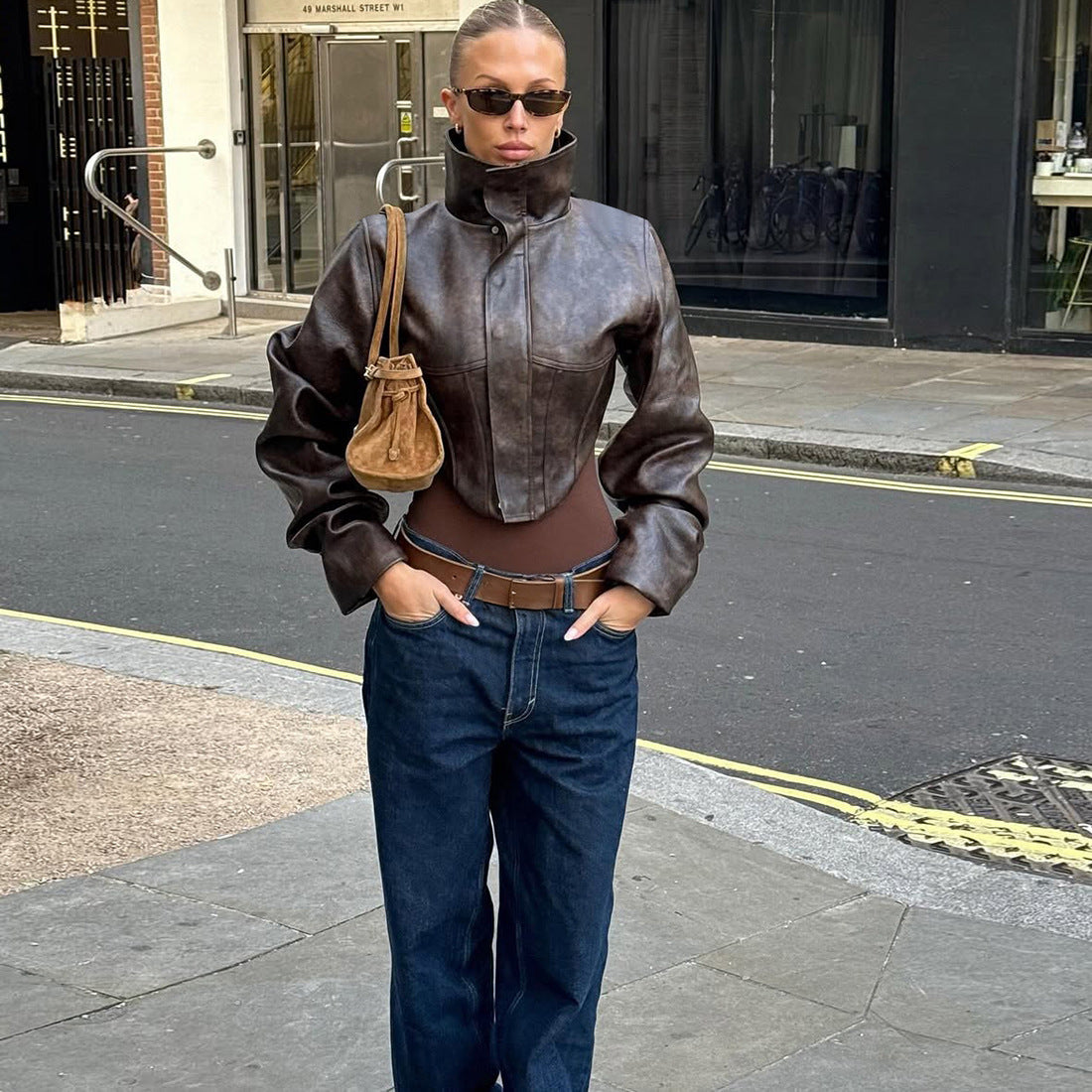 Solid-color High-neck Cropped Leather Jacket