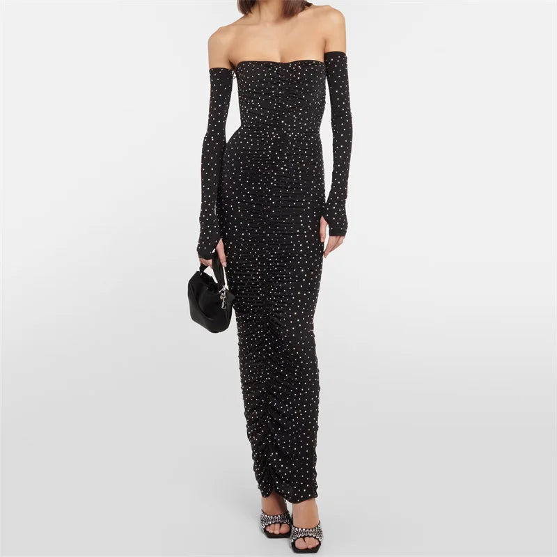 Womens dresses Spring New in Shiny hot diamond decoration sexy Off Shoulder Dress Pleated slim fit Long dresses Party dress