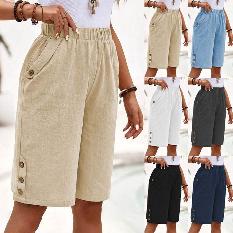 Cotton Linen Shorts Fifth Pants Women's Solid Color Casual Straight Pants
