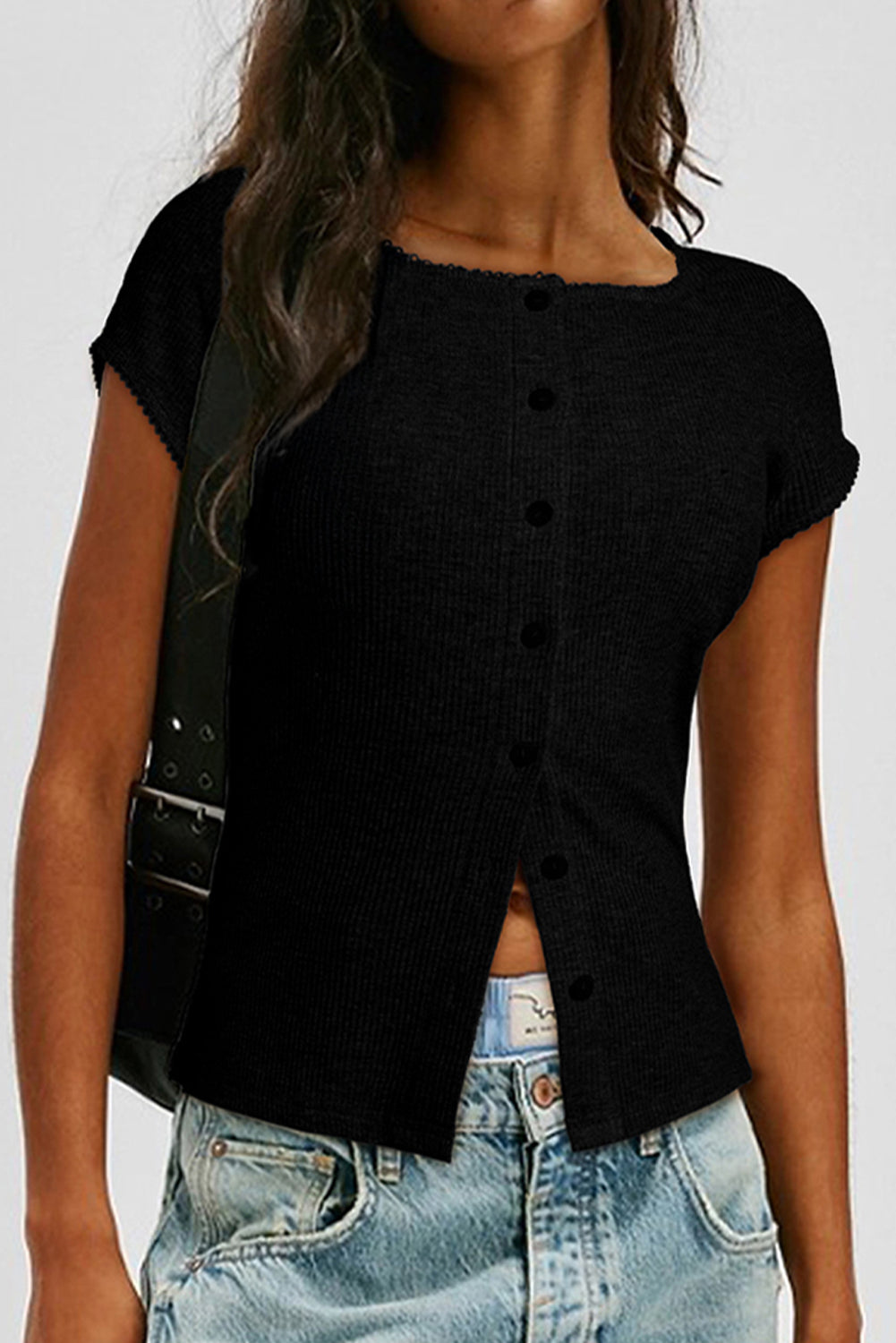 Black Solid Color Ribbed Knit Lace Trim Button Down Short Sleeve Top
