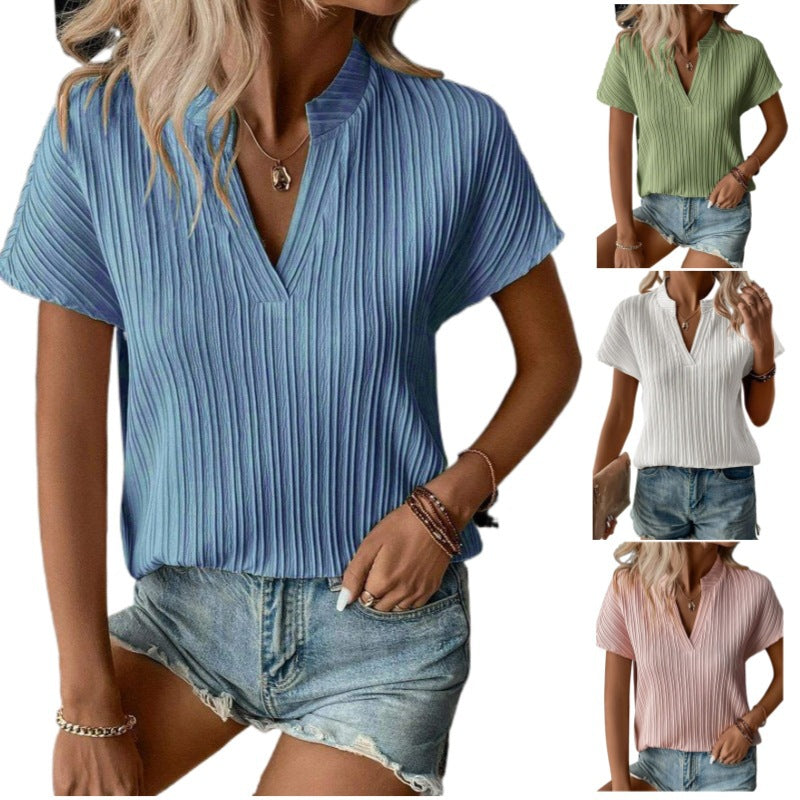 Summer Women's Top Solid Color And V-neck Striped Short Sleeve