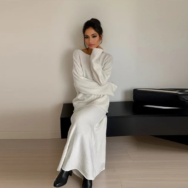 Knitted Sweater Skirts Suit Female Slash Neck Loose Long Sleeve Pullover And Elastic High Waist Fishtail Skirts