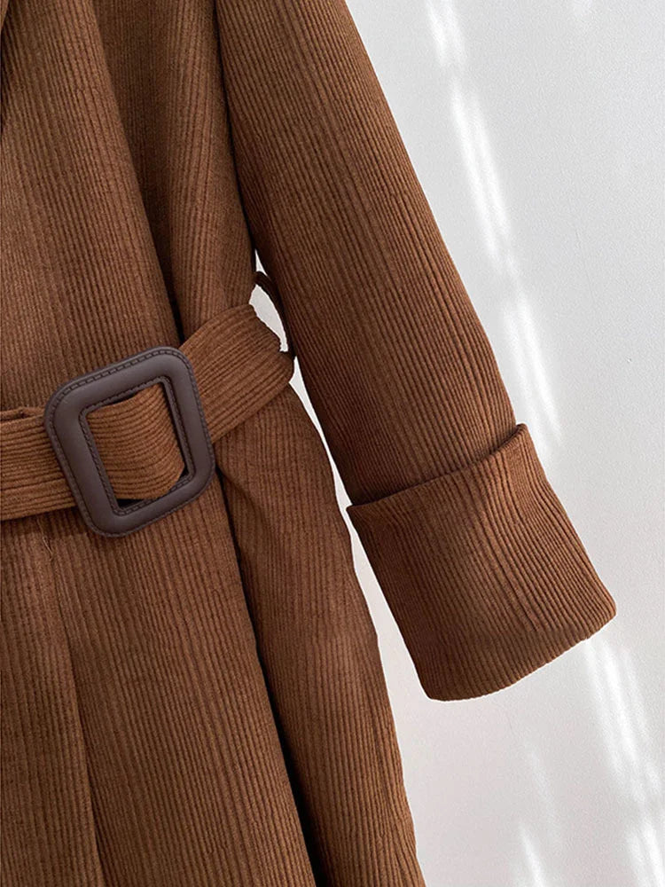 Elegant Notched Collar Adjustable Waist Long Woolen Coat For Women New Temperament Female Coats Tops Autumn Winter