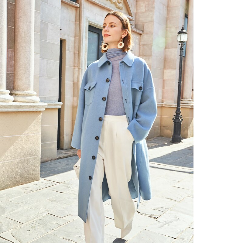 Cappotto invernale in lana doppia AEL da donna Grigio-blu Cappotto lungo a maniche larghe retrò moda sciolto da donna