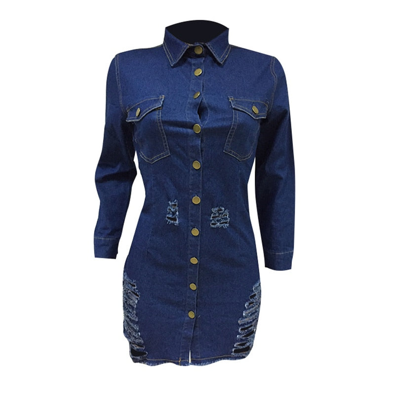 Women Sexy Holes Jeans Dress Buttons Up Turn Down Collar Long Sleeve Denim Mini Night Club Party Dresses