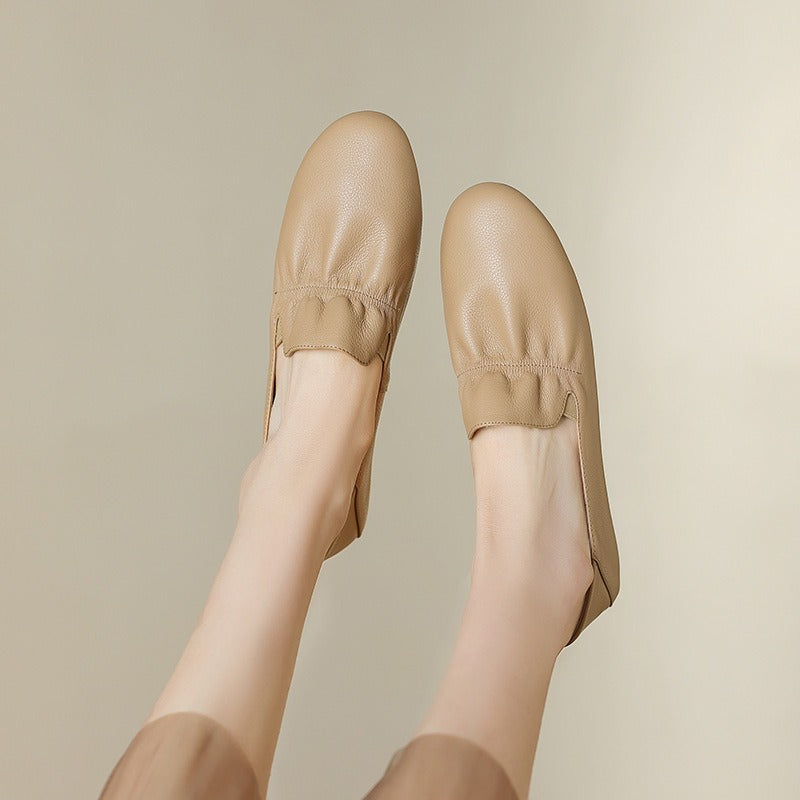 Giant Soft Cowhide Square Head One Foot Pedal Lefu Shoes Womens New Soft Sole Granny Shoes Flat Heel Single Shoes