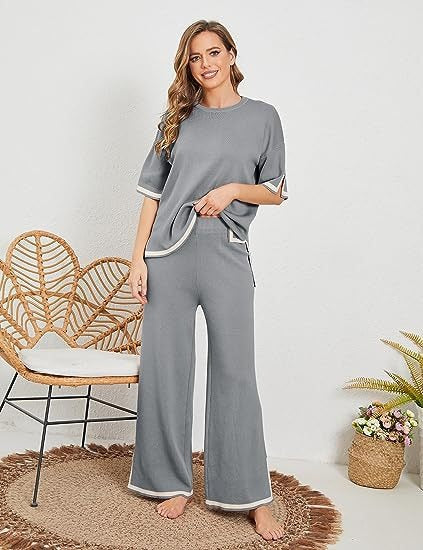 Knitted suit sweater suit short sleeve pullover wide leg pants